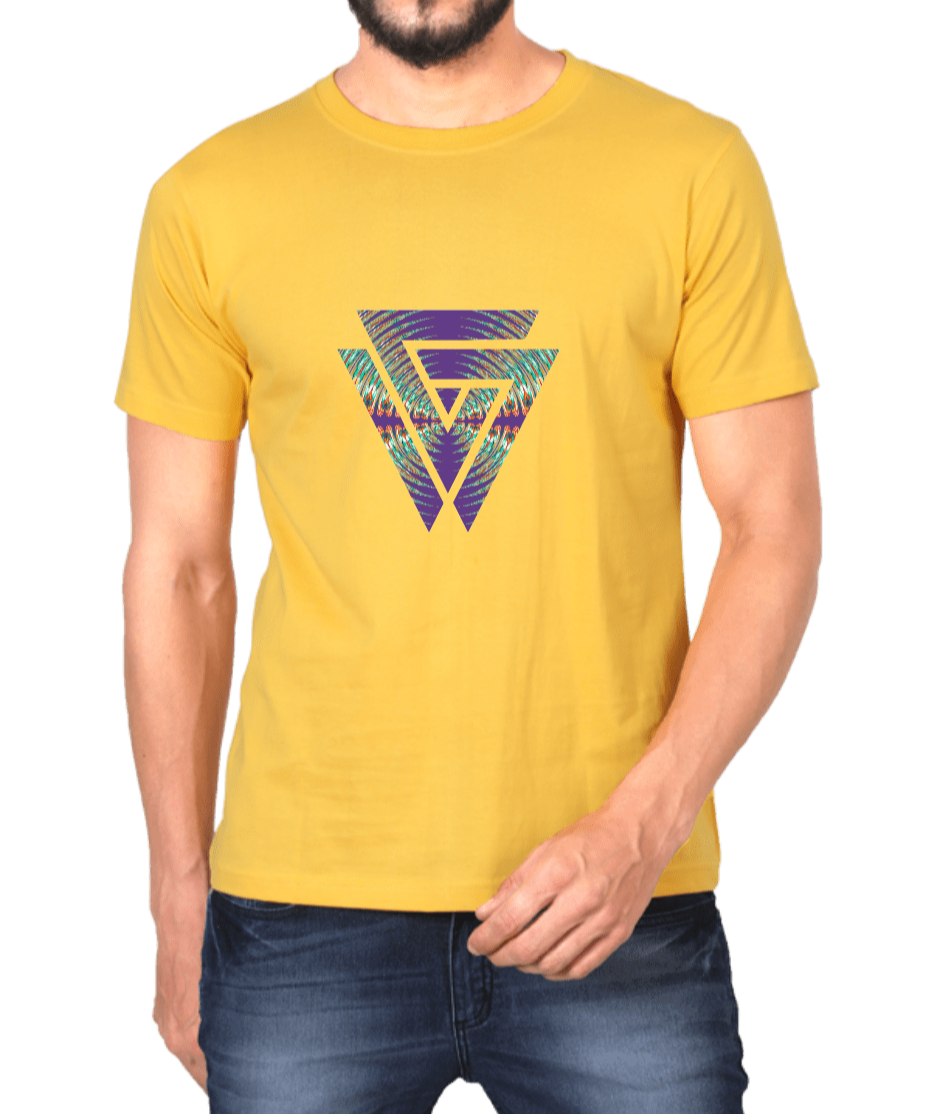 Men's printed T-shirt golden yellow with twin triangle graphic design