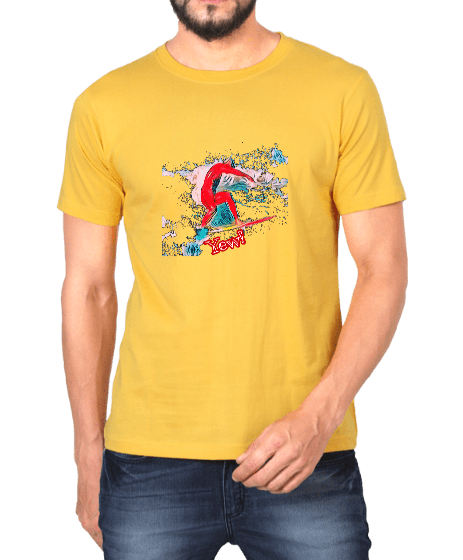 Men's printed T-shirt golden yellow with Surfer graphic design