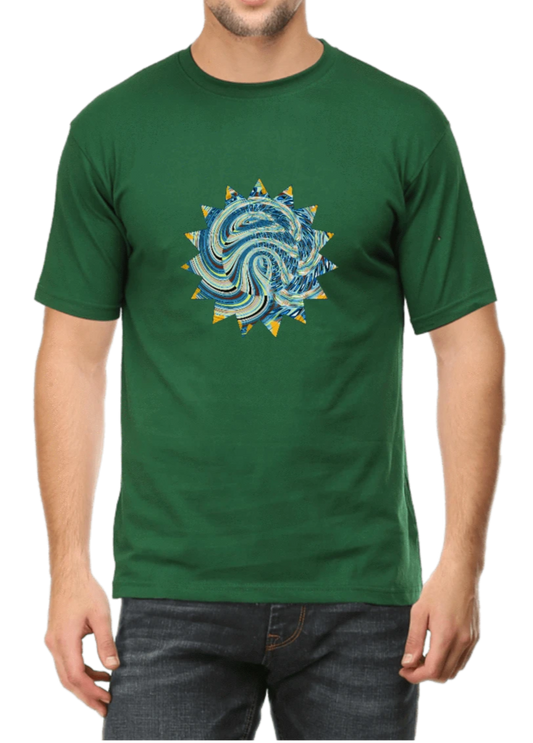 Men's T-shirt bottle green printed with blue & grey graphic design
