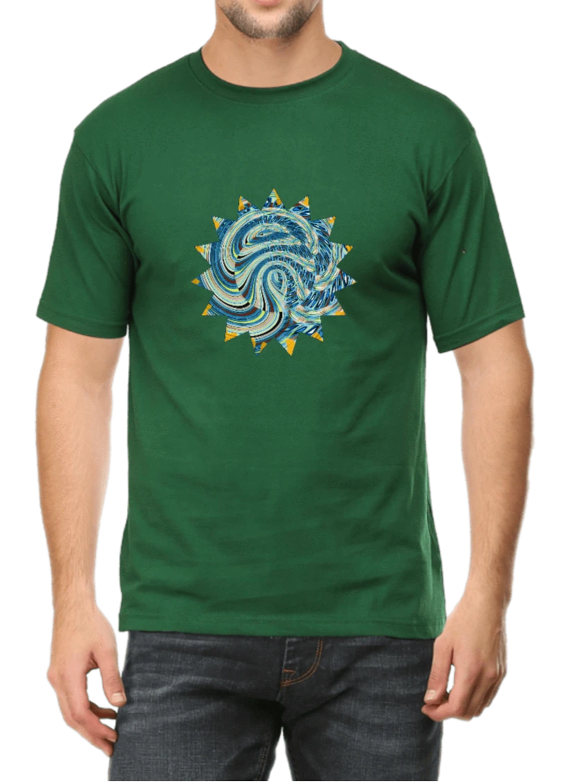 Men's T-shirt bottle green printed with blue & grey graphic design