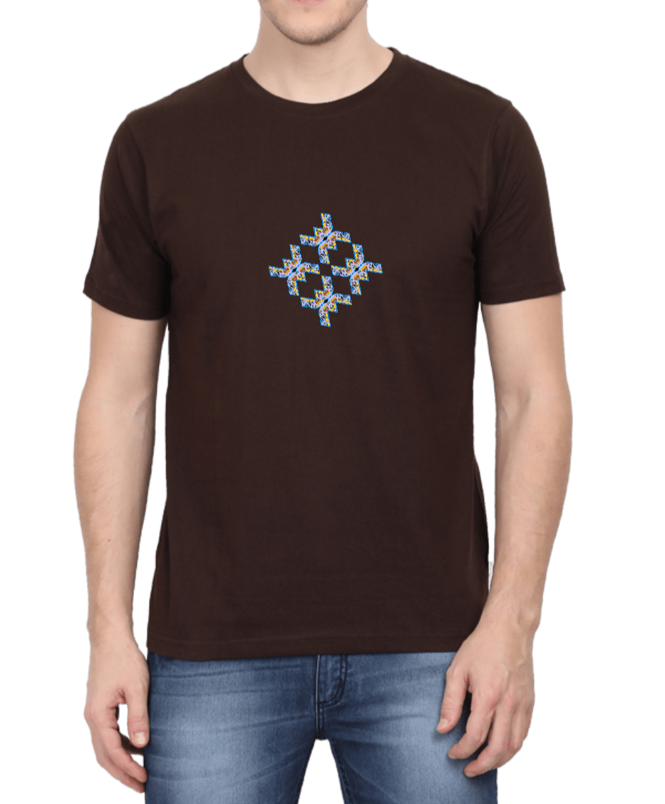 Men's coffee brown T-shirt with blue and light yellow graphic design