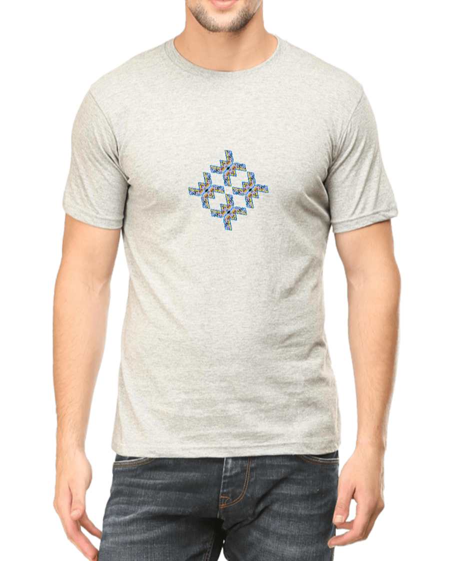 Men's light grey T-shirt with blue and light yellow graphic design