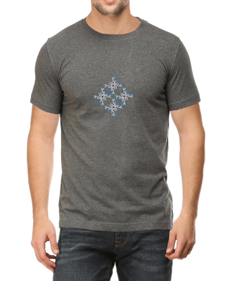 Men's dark grey T-shirt with blue and light yellow graphic design