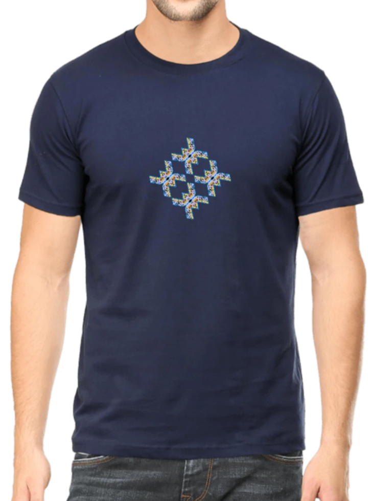 Men's navy blue printed T-shirt with blue and light yellow graphic design