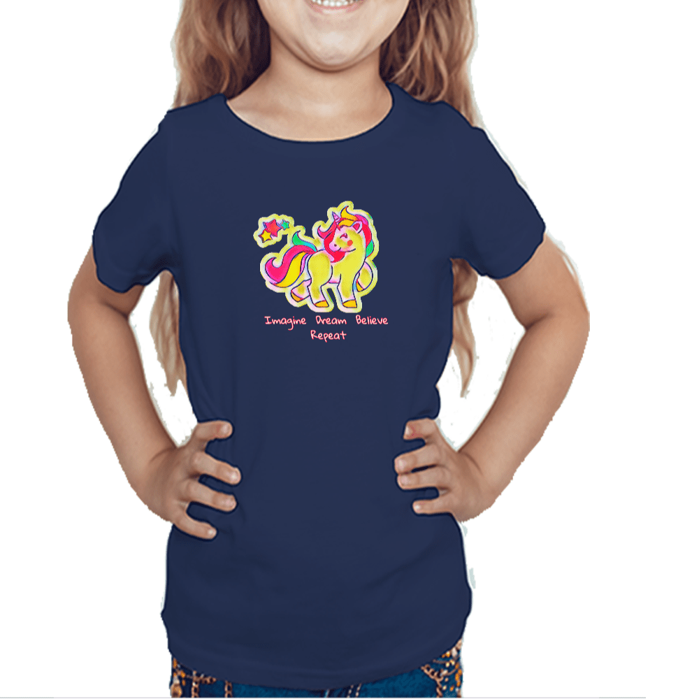 Navy blue tshirt for girls printed with unicorn graphic design