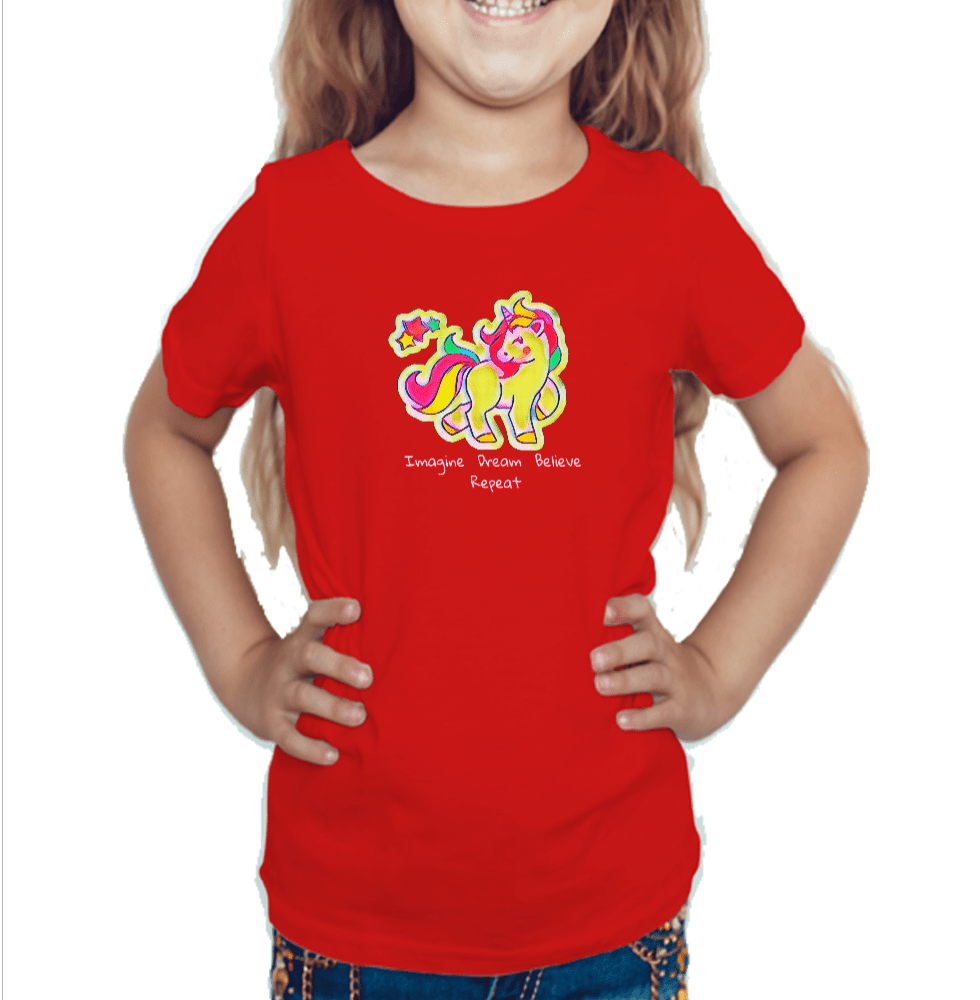 Red tshirt for girls printed with unicorn graphic design