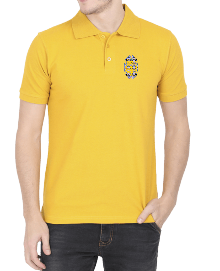 Polo tshirt mustard yellow with geometric print on pocket area