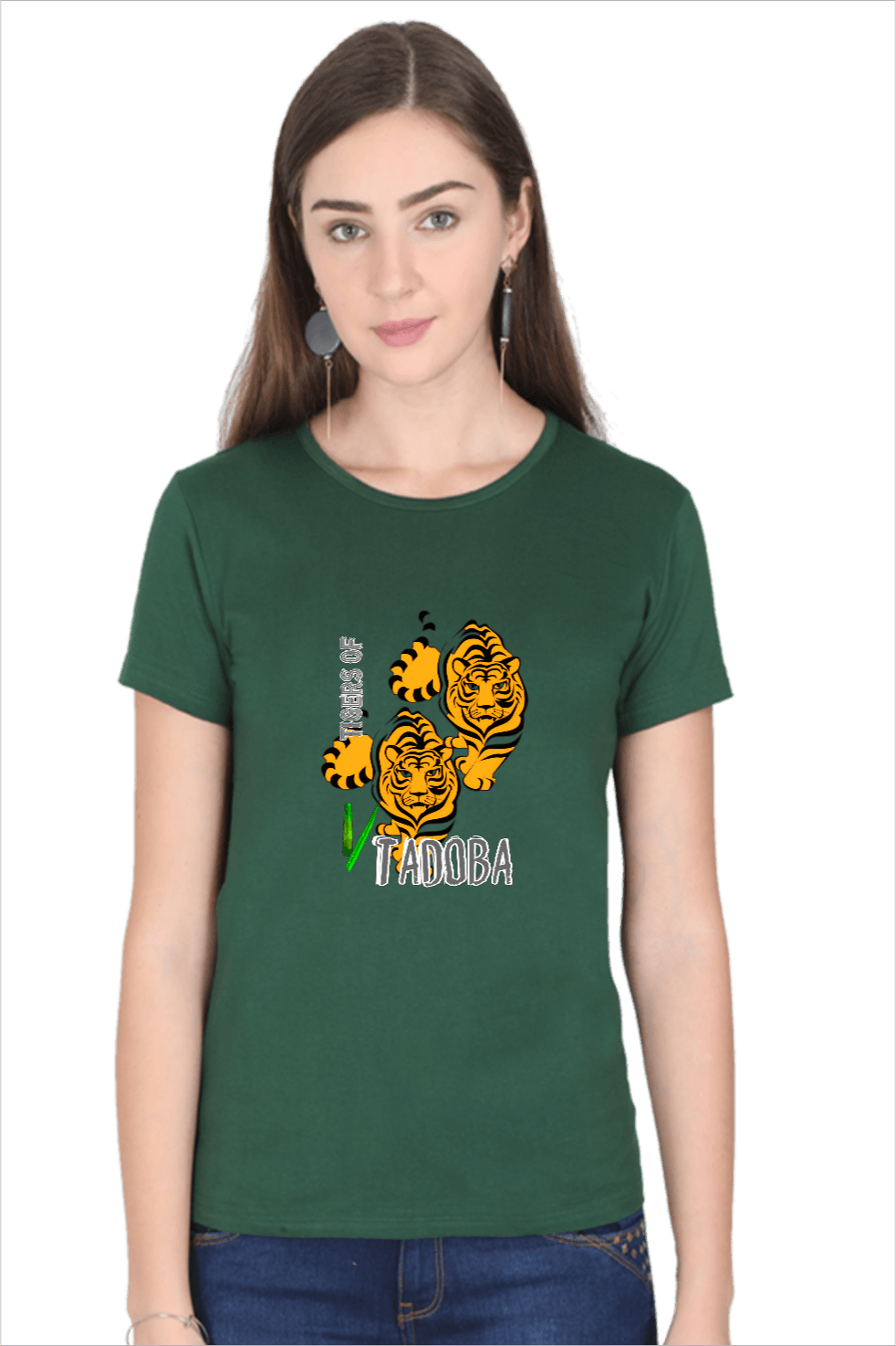 Bottle Green Tshirt for Women with Tiger graphics and caption Tigers of Tadoba