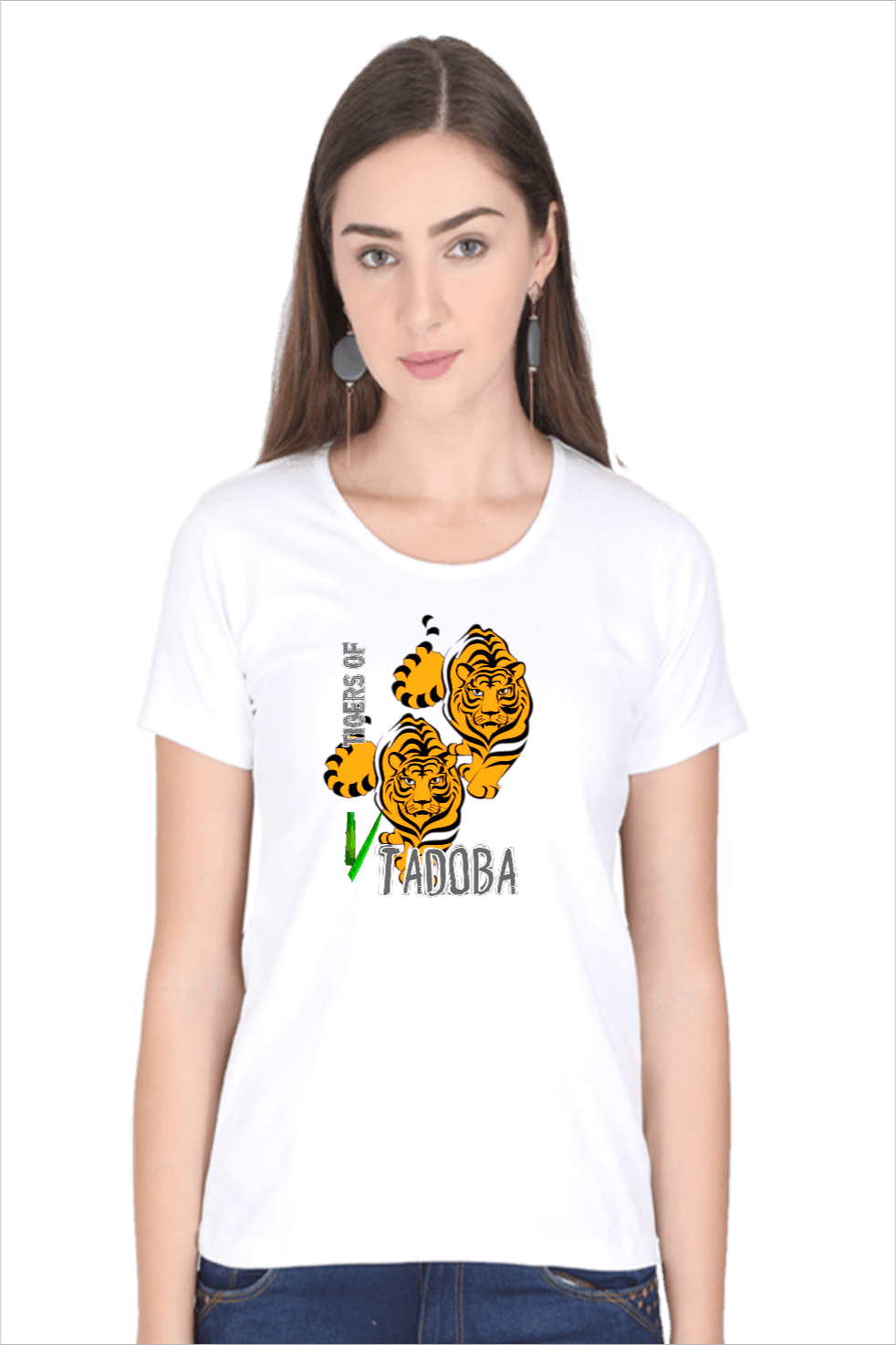 White Tshirt for Women with Tiger graphics and caption Tigers of Tadoba