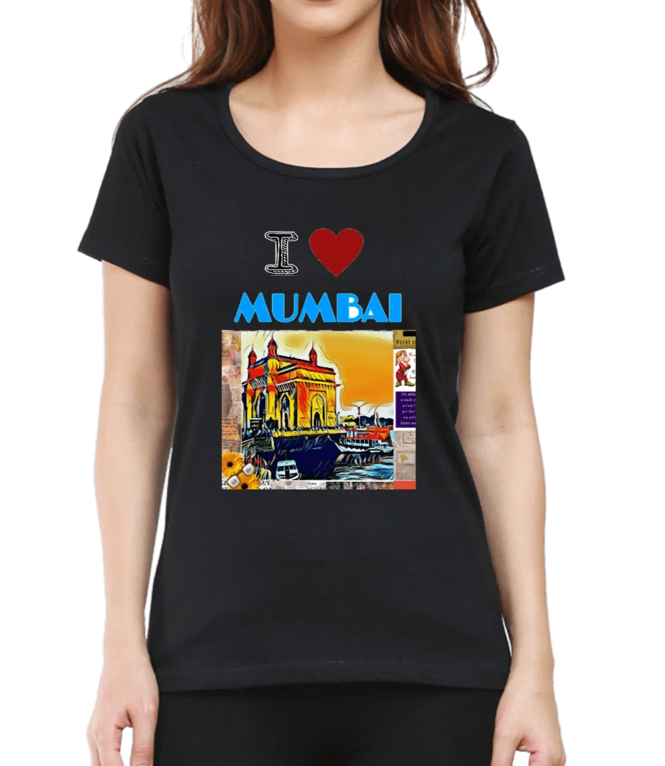 Women's tshirt black with I love Mumbai graphic print