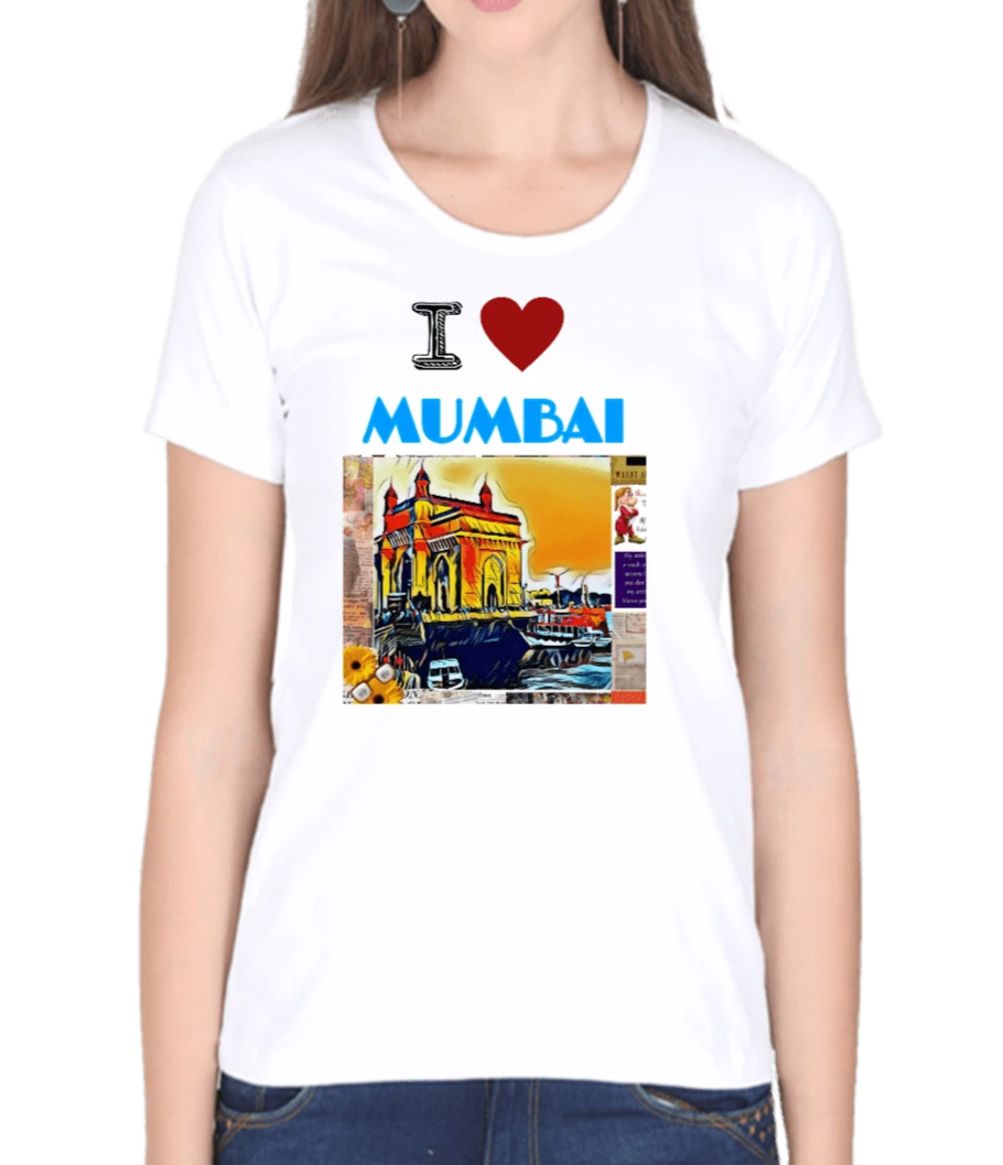 Women's tshirt white with I love Mumbai graphic print