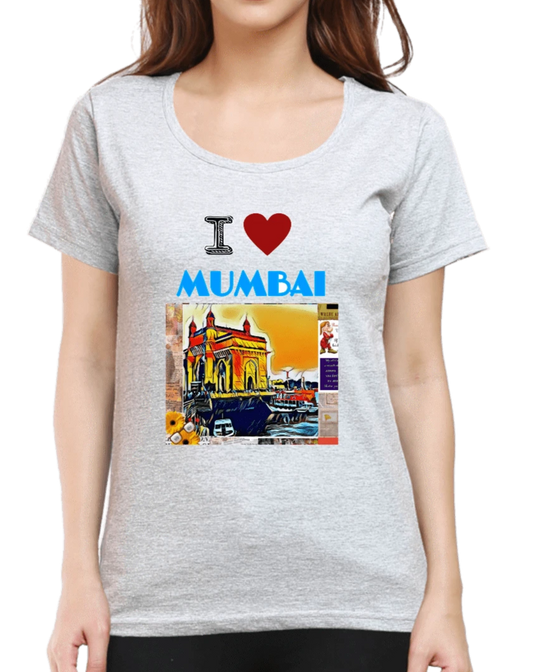 Women's tshirt light grey with I love Mumbai graphic print