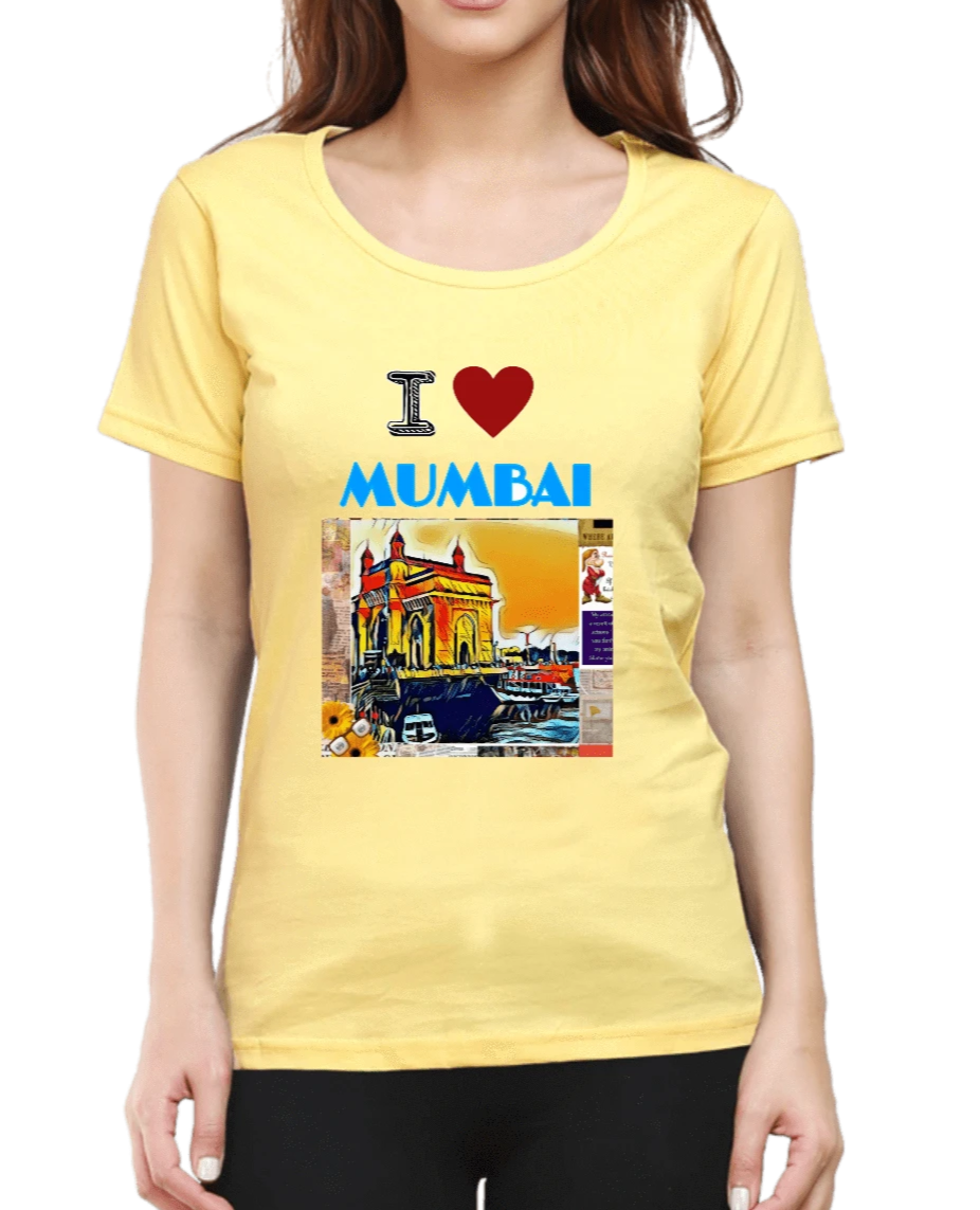 Women's tshirt pale yellow with I love Mumbai graphic print