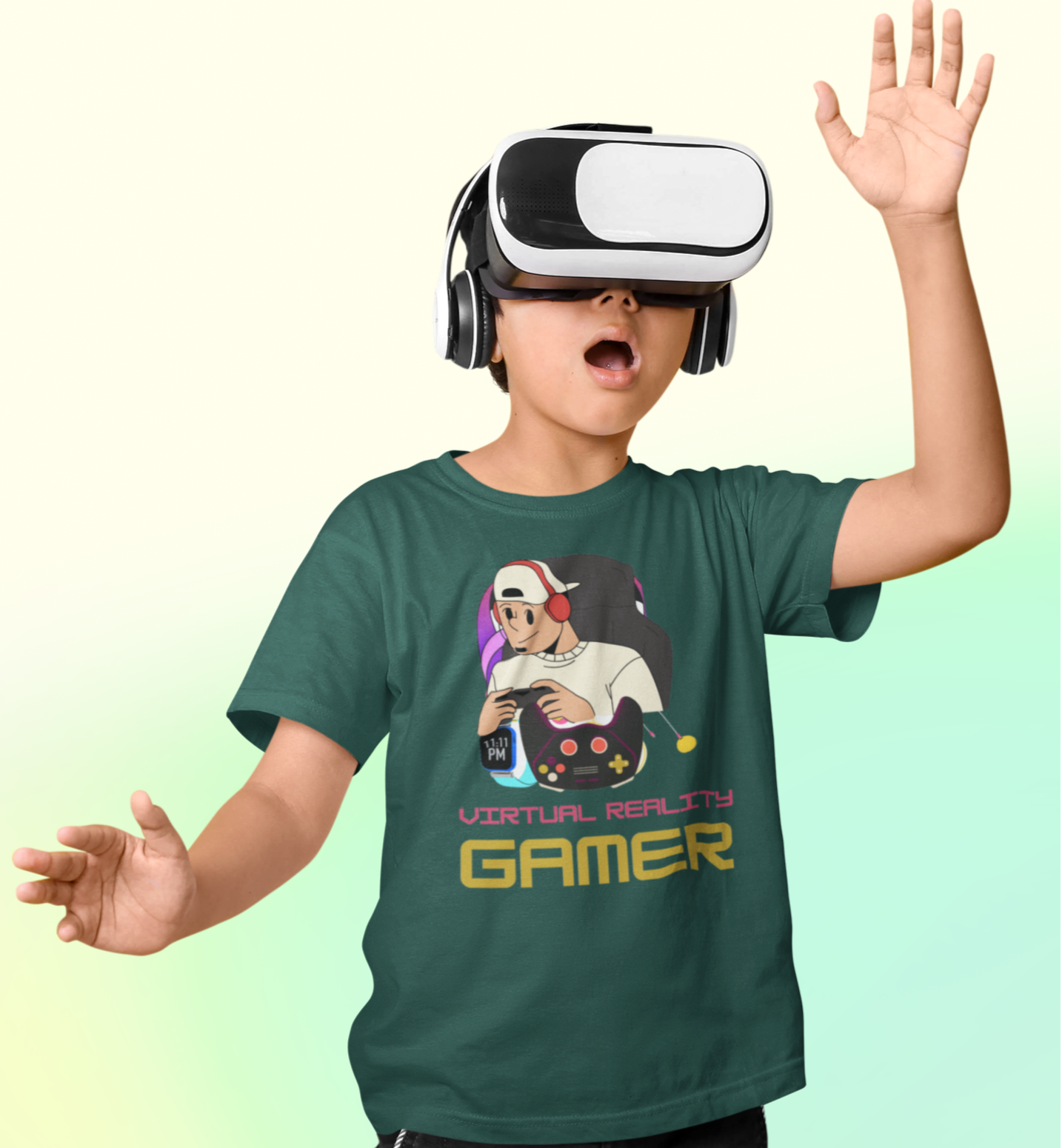 VR Gamer T-shirt for Kids Bottle Green